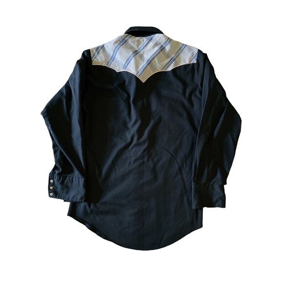 VTG Champion Westerns Navy Blue Tartan Plaid Shoulders M Pearl Snap Button Up - Picture 4 of 7